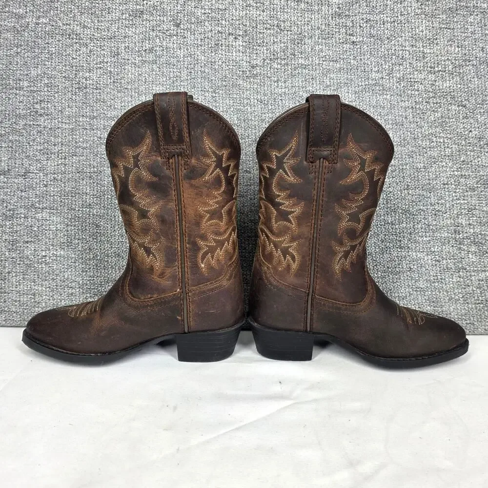 ARIAT HERITAGE WESTERN COWBOY DISTRESSED DARK BROWN LEATHER BOOTS – YOUTH SIZE 8